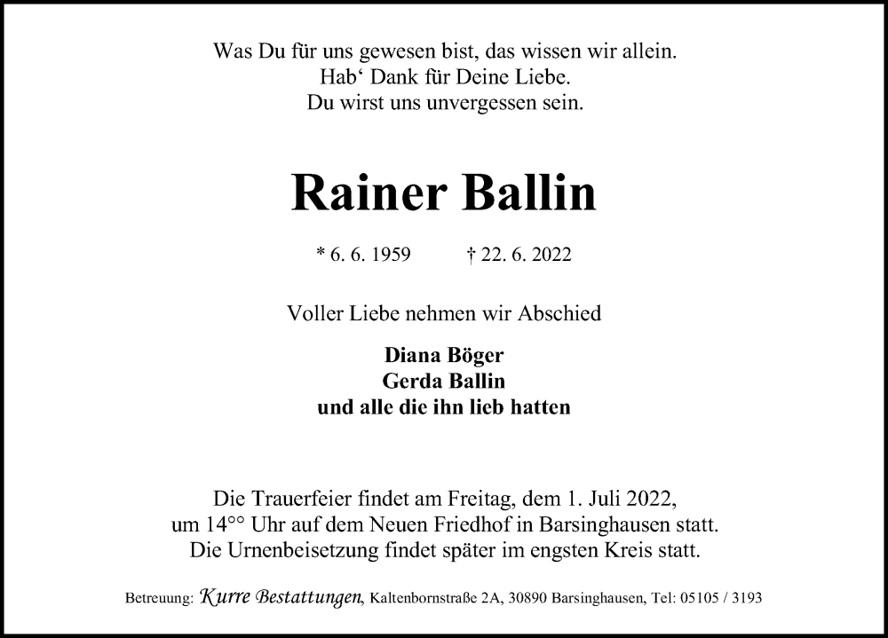  Traueranzeige für Rainer Ballin vom 25.06.2022 aus Hannoversche Allgemeine Zeitung/Neue Presse