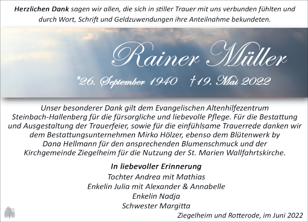  Traueranzeige für Rainer Müller vom 11.06.2022 aus Leipziger Volkszeitung