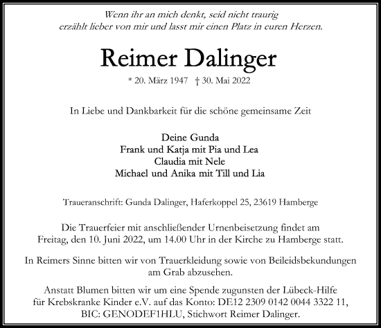 Traueranzeige von Reimer Dalinger von Lübecker Nachrichten