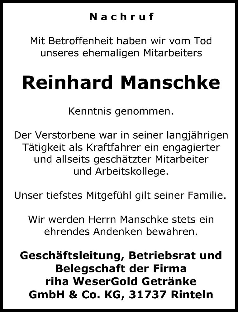  Traueranzeige für Reinhard Manschke vom 21.06.2022 aus Schaumburger Nachrichten