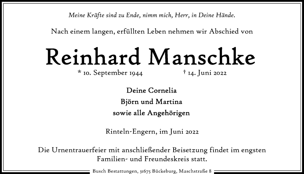  Traueranzeige für Reinhard Manschke vom 18.06.2022 aus Schaumburger Nachrichten