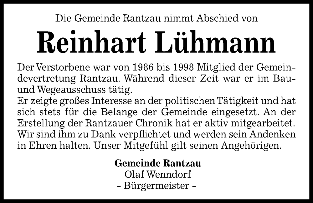  Traueranzeige für Reinhart Lühmann vom 22.06.2022 aus Kieler Nachrichten