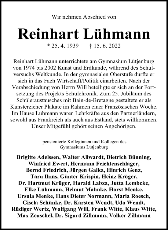 Traueranzeige von Reinhart Lühmann von Kieler Nachrichten