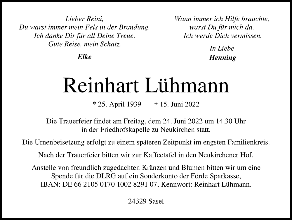  Traueranzeige für Reinhart Lühmann vom 18.06.2022 aus Kieler Nachrichten