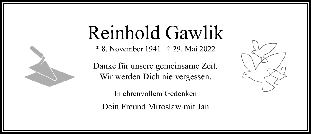  Traueranzeige für Reinhold Gawlik vom 04.06.2022 aus Aller Zeitung