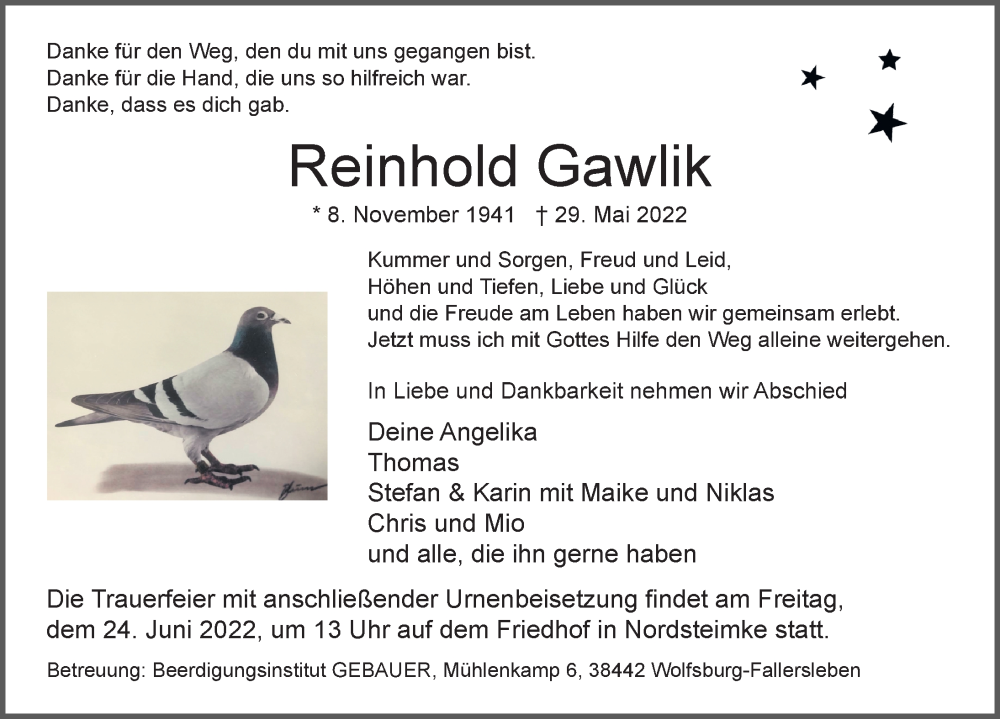  Traueranzeige für Reinhold Gawlik vom 04.06.2022 aus Aller Zeitung