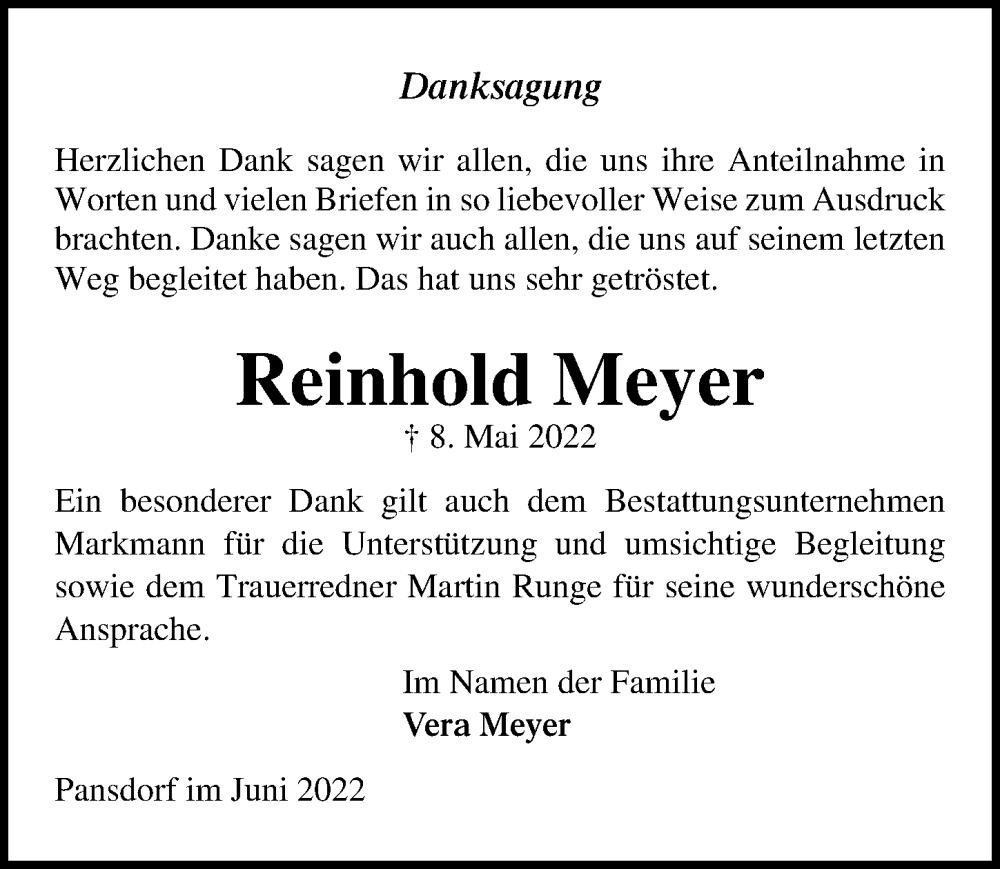  Traueranzeige für Reinhold Meyer vom 05.06.2022 aus Lübecker Nachrichten