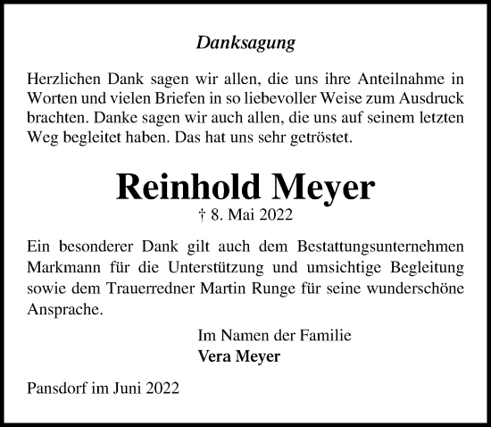 Traueranzeige von Reinhold Meyer von Lübecker Nachrichten