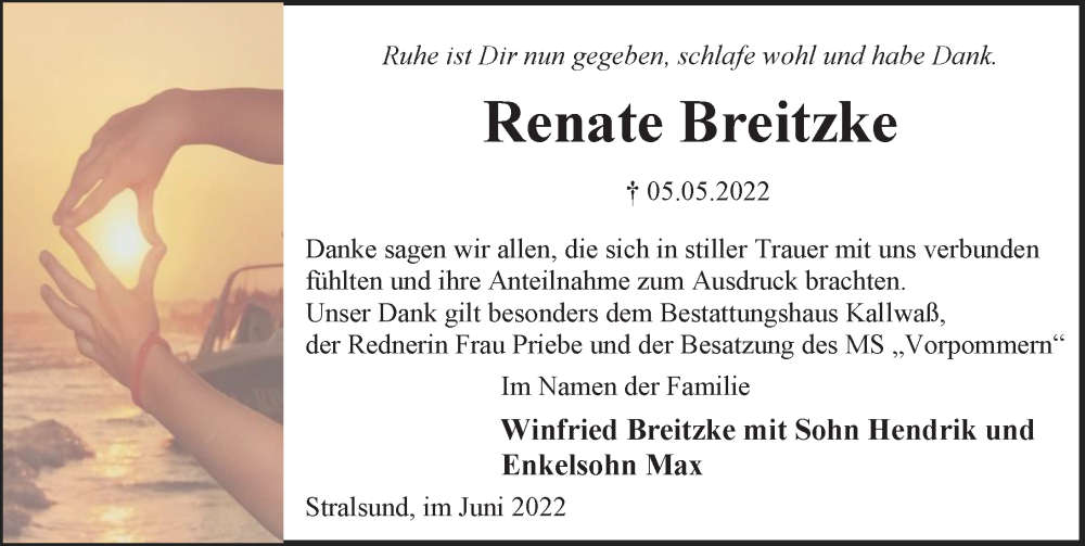  Traueranzeige für Renate Breitzke vom 25.06.2022 aus Ostsee-Zeitung GmbH