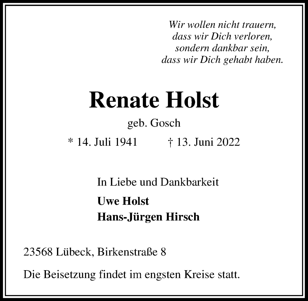  Traueranzeige für Renate Holst vom 19.06.2022 aus Lübecker Nachrichten