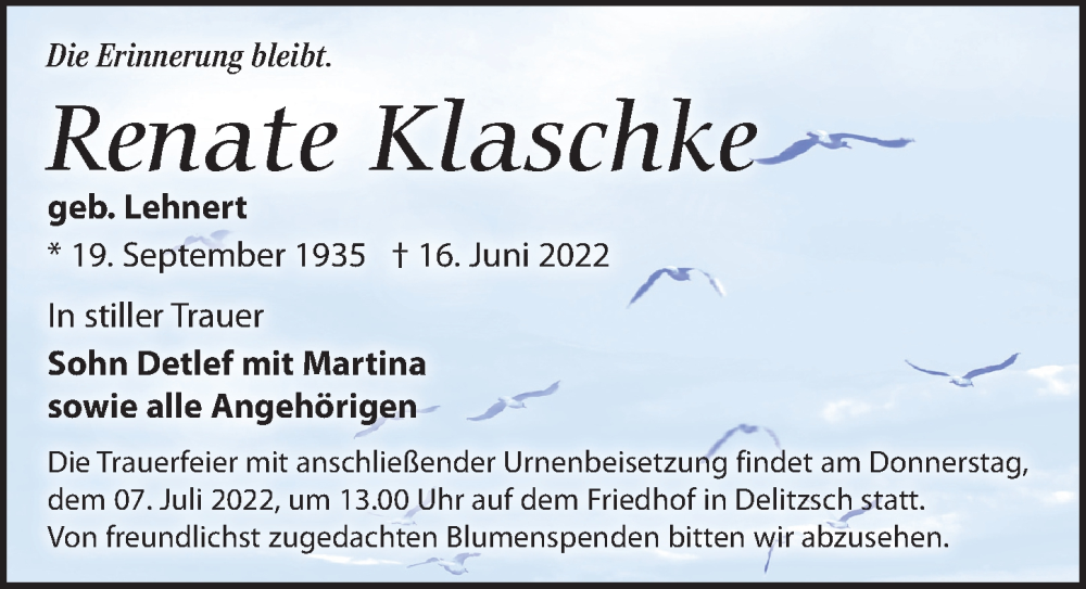  Traueranzeige für Renate Klaschke vom 25.06.2022 aus Leipziger Volkszeitung