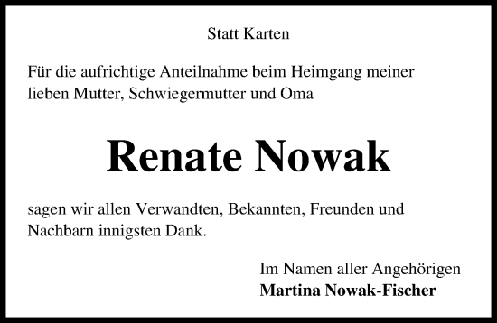 Traueranzeige von Renate Nowak von Hannoversche Allgemeine Zeitung/Neue Presse