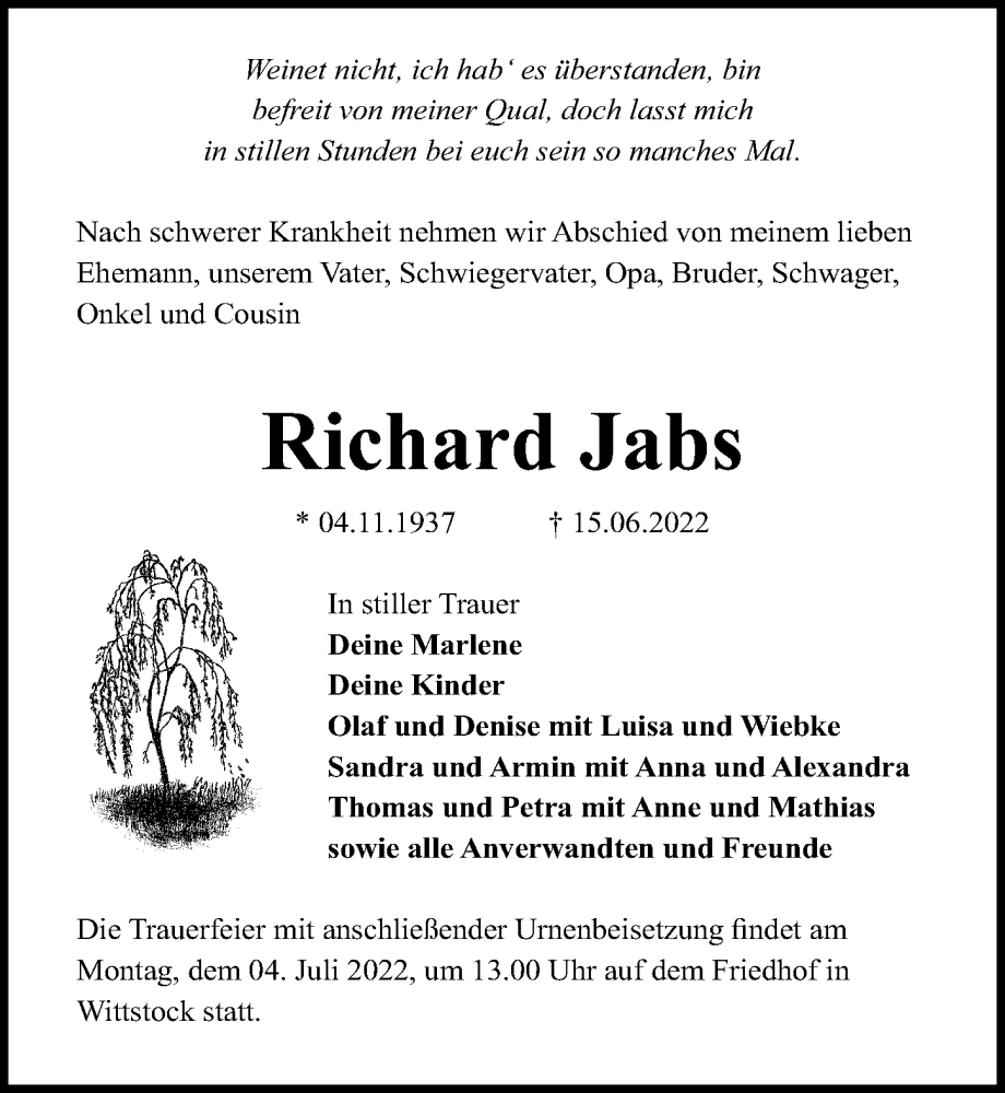 Traueranzeige für Richard Jabs vom 25.06.2022 aus Märkischen Allgemeine Zeitung