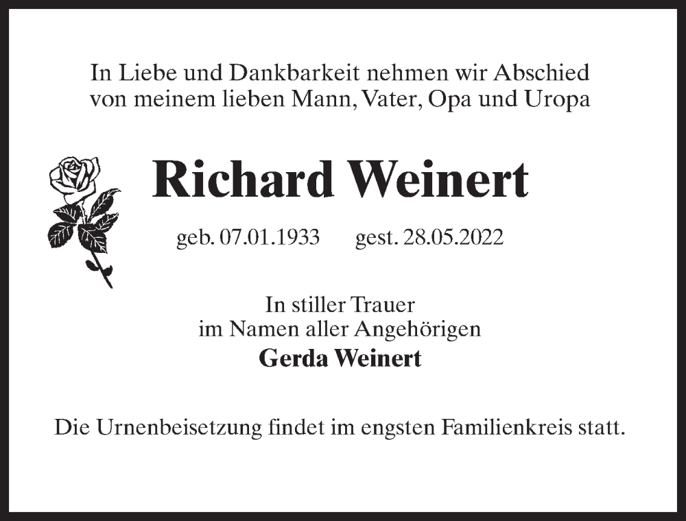  Traueranzeige für Richard Weinert vom 11.06.2022 aus Märkischen Allgemeine Zeitung