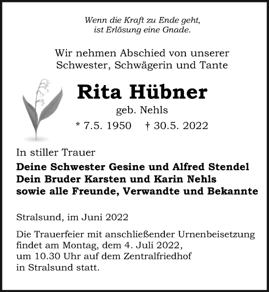 Traueranzeige von Rita Hübner von Ostsee-Zeitung GmbH