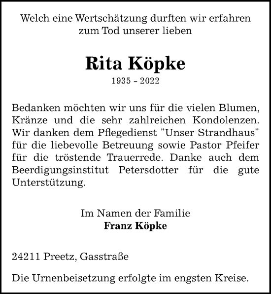 Traueranzeige von Rita Köpke von Kieler Nachrichten