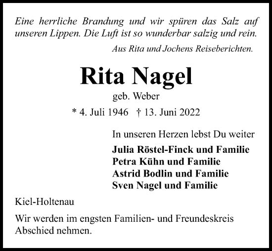 Traueranzeige von Rita Nagel von Kieler Nachrichten