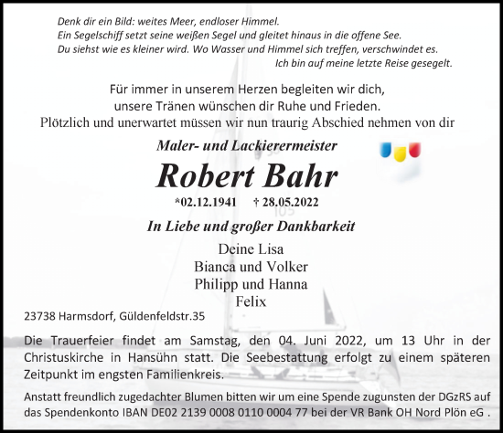 Traueranzeige von Robert Bahr von Lübecker Nachrichten