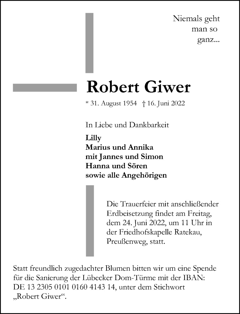  Traueranzeige für Robert Giwer vom 22.06.2022 aus Lübecker Nachrichten