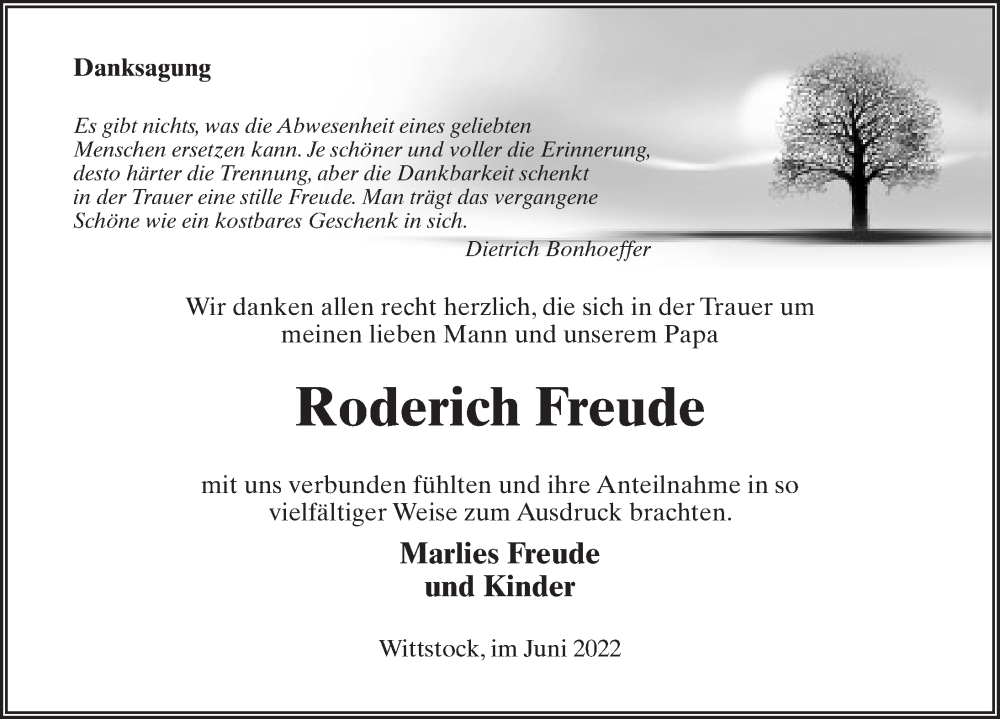  Traueranzeige für Roderich Freude vom 18.06.2022 aus Märkischen Allgemeine Zeitung