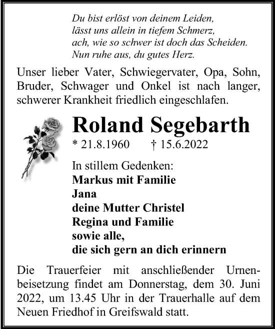 Traueranzeige von Roland Esgebath von Ostsee-Zeitung GmbH