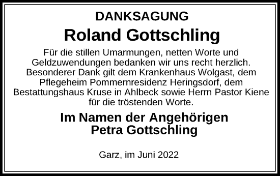 Traueranzeige von Roland Gottschling von Ostsee-Zeitung GmbH