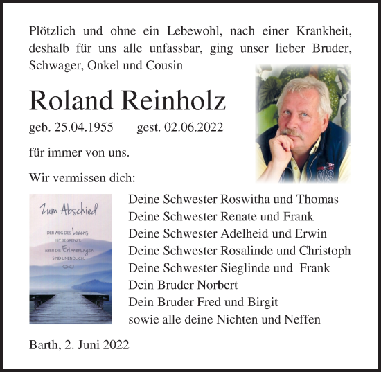 Traueranzeige von Roland Reinholz von Ostsee-Zeitung GmbH