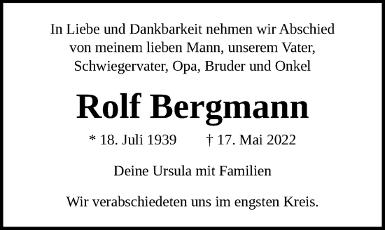 Traueranzeige von Rolf Bergmann von Lübecker Nachrichten