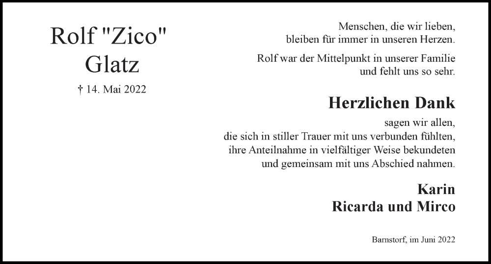  Traueranzeige für Rolf Glatz vom 25.06.2022 aus Aller Zeitung