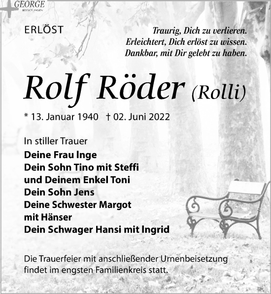 Traueranzeige von Rolf Röder von Leipziger Volkszeitung