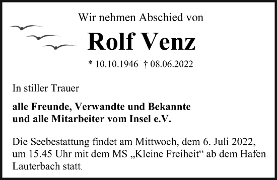 Traueranzeige von Rolf Venz von Ostsee-Zeitung GmbH