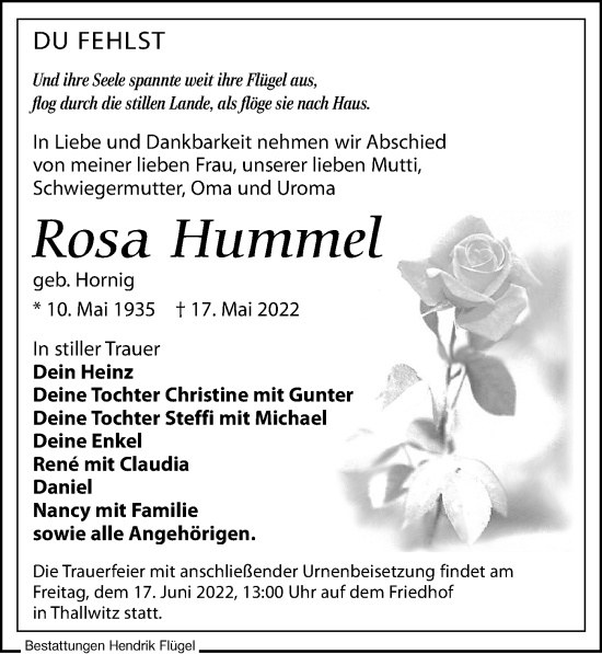 Traueranzeige von Rosa Hummel von Leipziger Volkszeitung