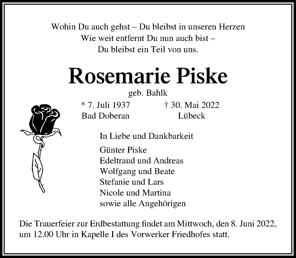  Traueranzeige für Rosemarie Piske vom 05.06.2022 aus Lübecker Nachrichten
