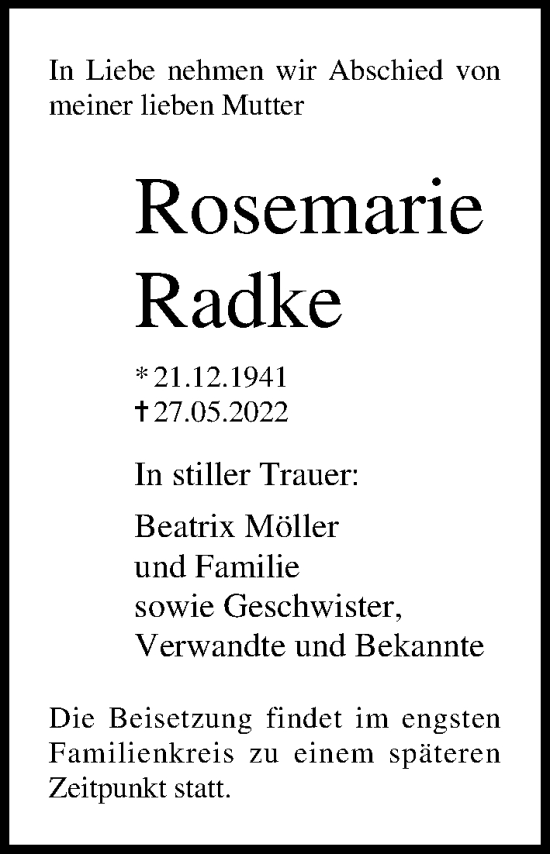 Traueranzeige von Rosemarie Radke von Ostsee-Zeitung GmbH
