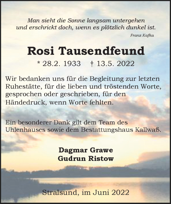 Traueranzeige von Rosi Tausendfeund von Ostsee-Zeitung GmbH