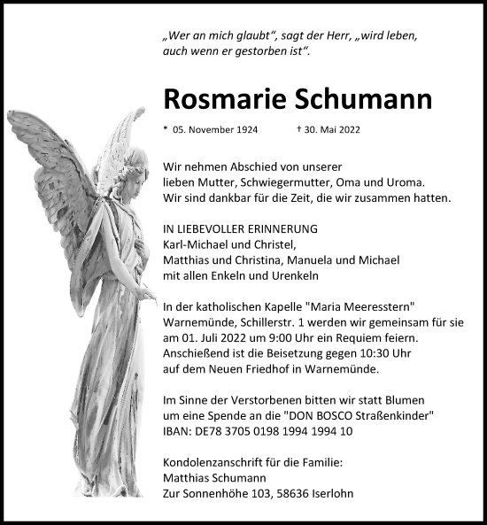 Traueranzeige von Rosmarie Schumann von Ostsee-Zeitung GmbH