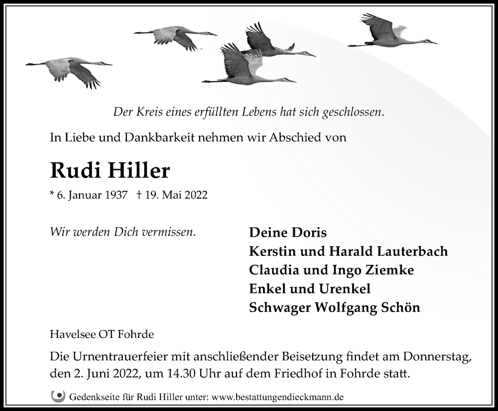  Traueranzeige für Rudi Hiller vom 28.05.2022 aus Märkischen Allgemeine Zeitung