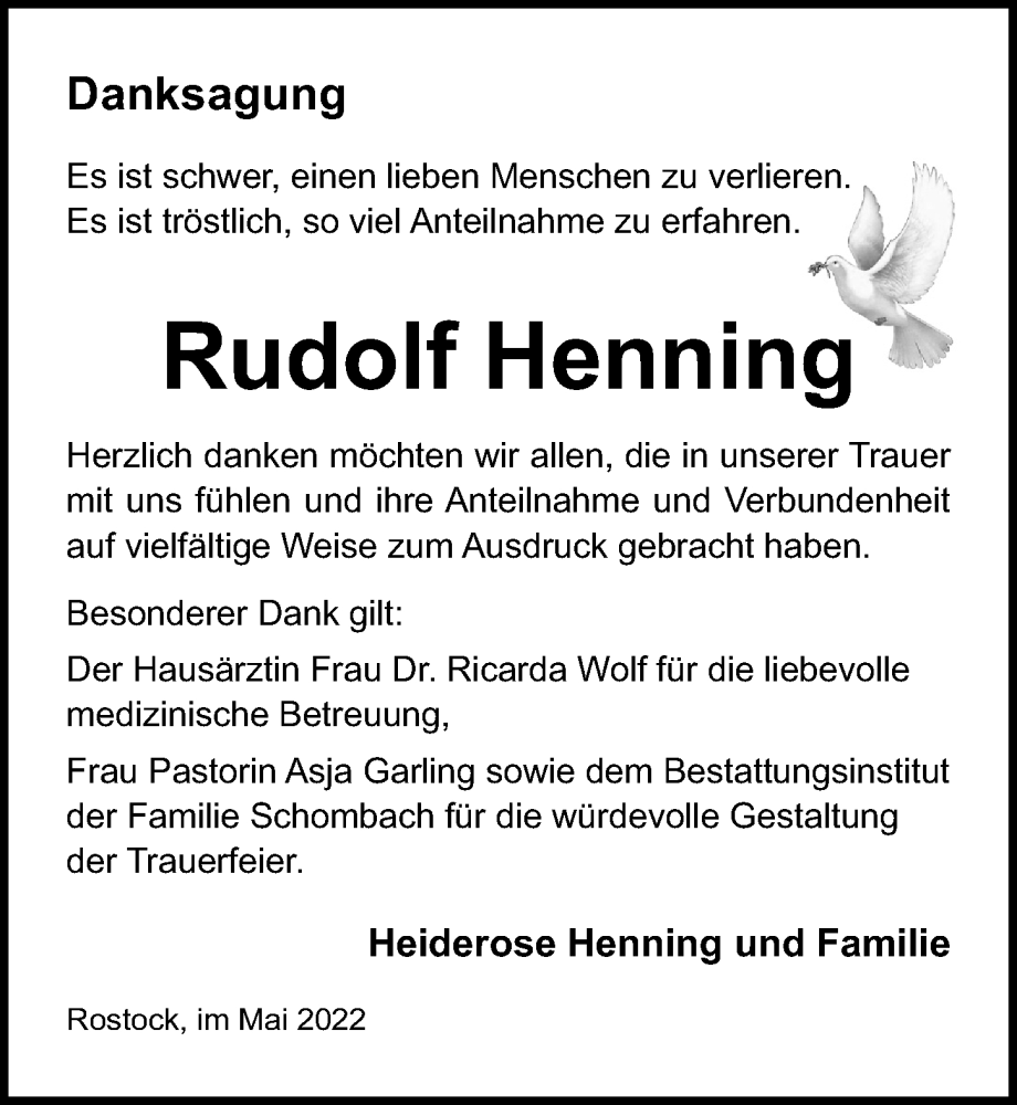  Traueranzeige für Rudolf Henning vom 04.06.2022 aus Ostsee-Zeitung GmbH