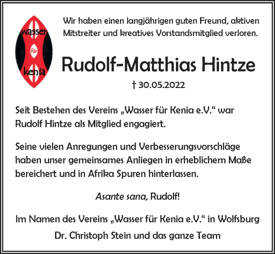 Traueranzeige von Rudolf-Matthias Hintze von Aller Zeitung