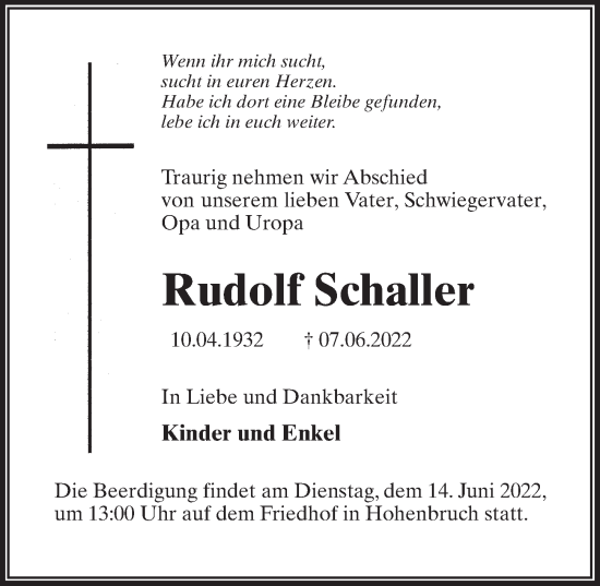 Traueranzeige von Rudolf Schaller von Märkischen Allgemeine Zeitung