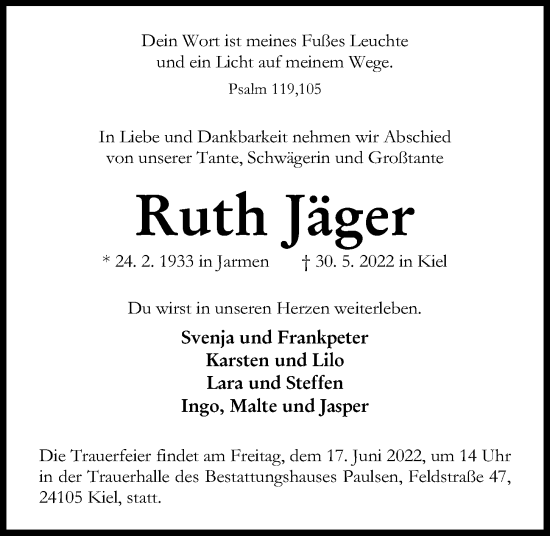 Traueranzeige von Ruth Jäger von Kieler Nachrichten