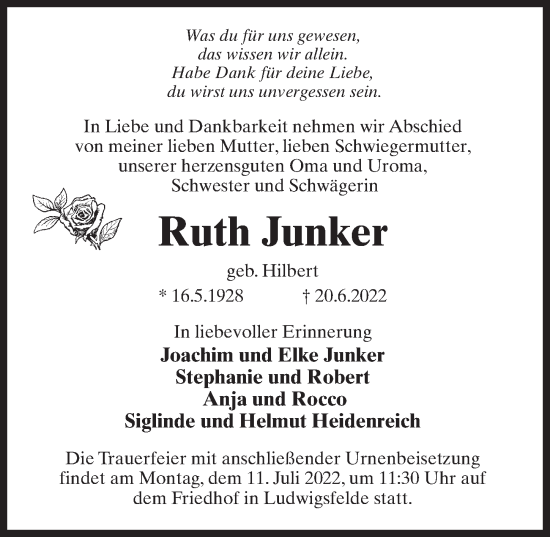 Traueranzeige von Ruth Junker von Märkischen Allgemeine Zeitung