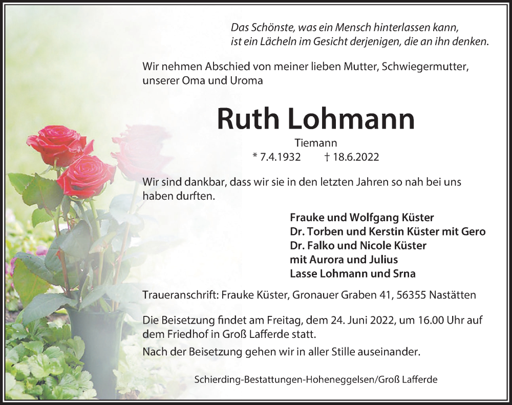  Traueranzeige für Ruth Lohmann vom 23.06.2022 aus Peiner Allgemeine Zeitung