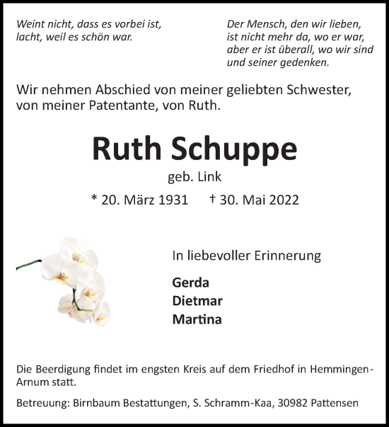 Traueranzeige von Ruth Schuppe von Hannoversche Allgemeine Zeitung/Neue Presse