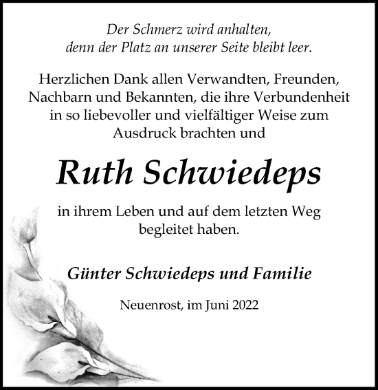 Traueranzeige von Ruth Schwiedeps von Ostsee-Zeitung GmbH