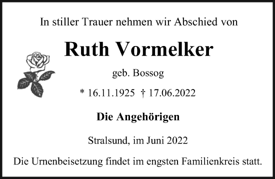 Traueranzeige von Ruth Vormelker von Ostsee-Zeitung GmbH