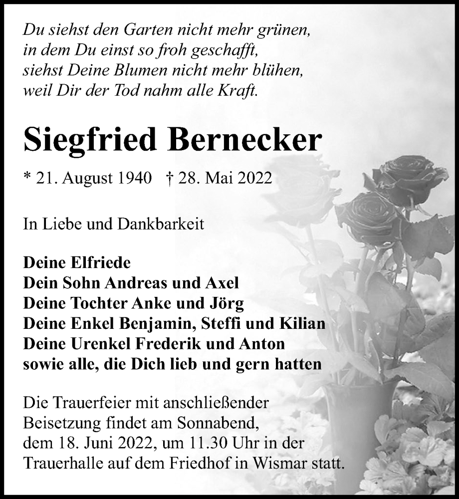  Traueranzeige für Siegfried Bernecker vom 11.06.2022 aus Ostsee-Zeitung GmbH