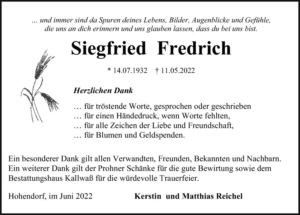  Traueranzeige für Siegfried Fredrich vom 04.06.2022 aus Ostsee-Zeitung GmbH