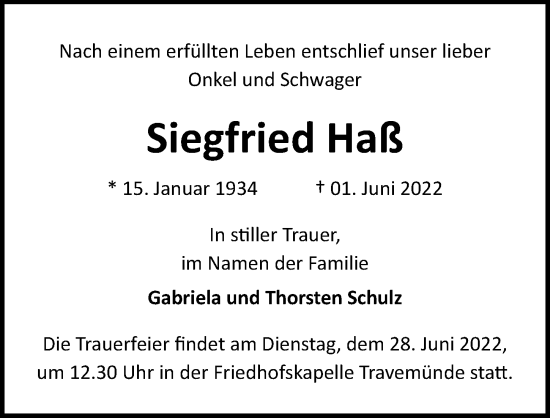 Traueranzeige von Siegfried Haß von Lübecker Nachrichten