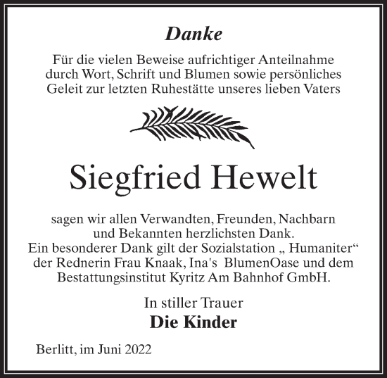 Traueranzeige von Siegfried Hewelt von Märkischen Allgemeine Zeitung